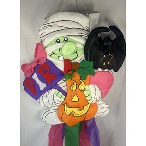 Vtg 3D Pumpkin Mummy Windsock 52 Tall Halloween Scene Decor Read